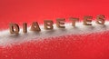 Diabetes inscription with sugar on red background