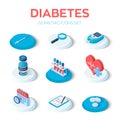 Diabetes - isometric icons set. Blood glucose meter, pills, syringe, insulin vial, calendar, search icon. Diabetes mellitus type 2 Royalty Free Stock Photo