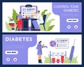 Diabetes medical control banners or horizontal leaflets bundle flat vector.