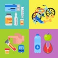 Diabetes mellitus care banner set vector illustration. Doctor cares about diabetics. Sugar and insulin levels, healthy