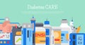 Diabetes mellitus care banner vector illustration. Doctor cares about diabetics. Sugar and insulin levels, healthy