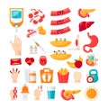 Diabetes mellitus icons in flat style, vector