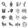 Diabetes mellitus, saccharine disease bold black silhouette icons set isolated on white. Royalty Free Stock Photo