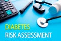 Diabetes Risk Assessment text.. Diabetes mellitus, type 2 diabetes and insulin production concept on blue background. Header or