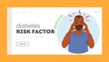 Diabetes Risk Factors Landing Page Template. Male Character Suffering of with Headache Diabetes Symptom