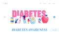 Diabetes Sickness Landing Page Template. Tiny People Characters with Checking Equipment for Treatment High Sugar Level