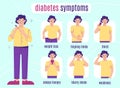 Diabetes symptoms man. Cartoon character, different health problems, patient waist portraits, medical poster, insulin