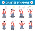 Diabetes symptoms medical infographic poster. Cartoon flat woman demonstrate causes of diabet. Diabetic health, insulin Royalty Free Stock Photo