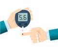 Diabetes test concept, mans hand and glucometer