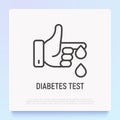 Diabetes test thin line icon: drop of blood from finger. Modern vector illustration of laboratory research Royalty Free Stock Photo