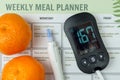 Diabetes treatment kit with digital blood glucose meter, lancing device. Weekly healthy diet plan. Control of excess blood sugar.