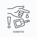 Diabetic control line icon. Vector outline illustration process measuring glucose . Image shows hand using glucometer