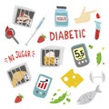Diabetic elements. Diabeties infographic. Menu bei insulin resistance. healthy food without sugar. Sugar free. Royalty Free Stock Photo