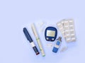 Diabetic kit: glucometer, test strips, lancet, metformin tablets Royalty Free Stock Photo