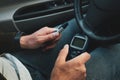 Diabetic man checking blood sugar level, closeup. Diabetes concept Royalty Free Stock Photo