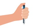 Diabetic patient hand hold insulin injection pen. Hormone ampoule inside syringe. Diabetes control injector. Medical Royalty Free Stock Photo