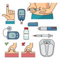 Diabetic therapy set line icons in flat design.