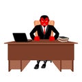 Diablo boss sitting in office. Devil of workplace. Red demon at