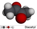 Diacetyl, butanedione molecule. It is occurs in alcoholic beverages and is added as a flavoring to some foods. Molecular model.