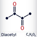 Diacetyl, butanedione molecule. It is occurs in alcoholic beverages and is added as a flavoring to some foods. Skeletal chemical