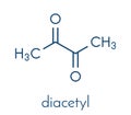 Diacetyl butanedione molecule. Responsible for taste of butter. Used for butter flavouring. Causes popcorn workerÃ¢â¬â¢s lung .