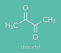 Diacetyl butanedione molecule. Responsible for taste of butter. Used for butter flavouring. Causes popcorn workerÃ¢â¬â¢s lung .