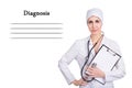 Diagnosis blank. Portrait of a friendly female doctor isolated on white Royalty Free Stock Photo