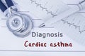 Diagnosis Cardiac asthma. Stethoscope or phonendoscope together with type of ECG lie on medical history with title diagnosis Cardi