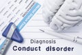 Diagnosis Conduct Disorder. Medical psychiatrist opinion with written psychiatric diagnosis of Conduct Disorder, questionnaire men