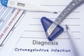 Diagnosis Cytomegalovirus Infection. Paper medical report written with neurological diagnosis of Cytomegalovirus Infection is surr