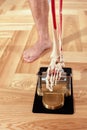 Diagnosis of flat feet human leg and medical skeleton and orthopedic equipment pilates, problems with flat feet, pain Royalty Free Stock Photo