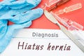 Diagnosis Hiatus hernia. Blue gloves, surgical scalpel, syringe and ampoule with medicine lie next to inscription Hiatus hernia. C