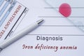 Diagnosis Iron deficiency anemia. Written by doctor hematological diagnosis Iron deficiency anemia in medical report, which are re Royalty Free Stock Photo