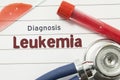 Diagnosis of Leukemia. Medical book with text header hematological diagnosis Leukemia lies on doctor table surrounded by laborator