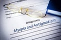 Diagnosis list with Astigmatism and myopia Royalty Free Stock Photo