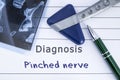 Diagnosis of Pinched Nerve. Medical health history written with diagnosis of Pinched Nerve, MRI image sacral spine and neurologica