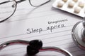 Diagnosis Sleep Apnea Word On Paper With Drugs And Stethoscope