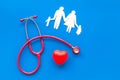 Diagnostic and cure of cardiac disease with stethoscope and family paper figures on blue background top view