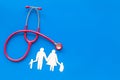 Diagnostic and cure of cardiac disease with stethoscope and family paper figures on blue background top view mock-up