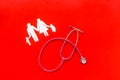 Diagnostic and cure of cardiac disease with stethoscope and family paper figures on red background top view