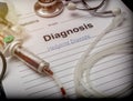 Diagnostic form, hodgkins disease, drip irrigation equipment with traces of blood in a hospital Royalty Free Stock Photo