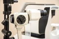 Diagnostic slit lamp in office of doctor ophthalmologist. Ophthalmic diagnostic microscopic medical equipment to diagnose cataract Royalty Free Stock Photo