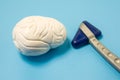 Diagnostic tool of neurologist - neurological rubber reflex hammer and model of human brain next to blue uniform background. Diagn
