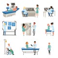 Diagnostic and treatment of cancer set, doctors, patients and equipment for oncology medicine vector Illustrations Royalty Free Stock Photo