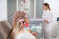 Diagnostician conducts electroencephalogram procedure young female patient