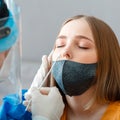 Diagnostics testing patients coronavirus covid 19. Doctor in protective medical mask taking PCR test nasopharyngeal culture to Royalty Free Stock Photo