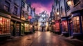 diagon alley of old magic town of wizards, street lights, shop signs