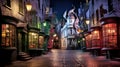 diagon alley of old magic town of wizards, street lights, shop signs