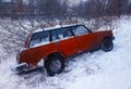 Diagonal car crash in winter snow offroad background Royalty Free Stock Photo