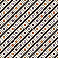 Diagonal checkered seamless pattern in Halloween traditional colors. Repeated small dotes abstract background